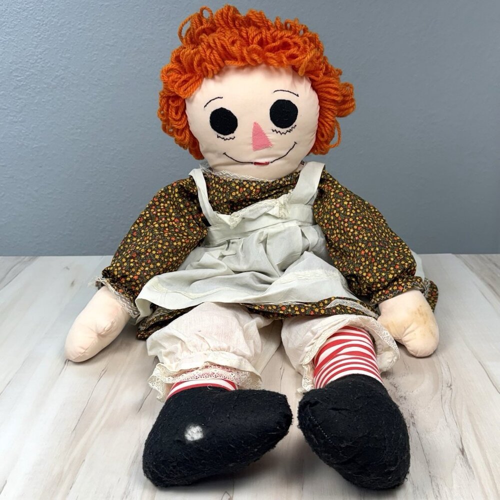 VTG Handmade 32" Large RAGGEDY ANN Rag Doll Orange Hair Dress Embroidered Face